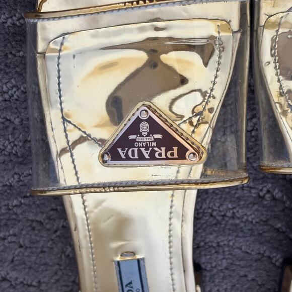 Prada Ciabatte Clear PVC Enameled Triangle Logo Flat Sandal Platino Gold Size 37 - Picture 8 of 14